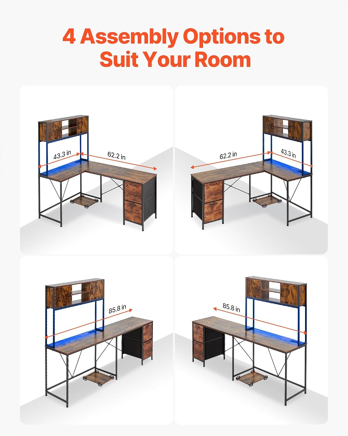 image:imageVEVOR LShaped Gaming Desk with LED Lights 622inch Reversible Corner Computer Desk with Power Outlets Movable CPU Stand amp Storage Drawers Modern Stylish PC Gaming Table for Home OfficePower OutletsDrawers