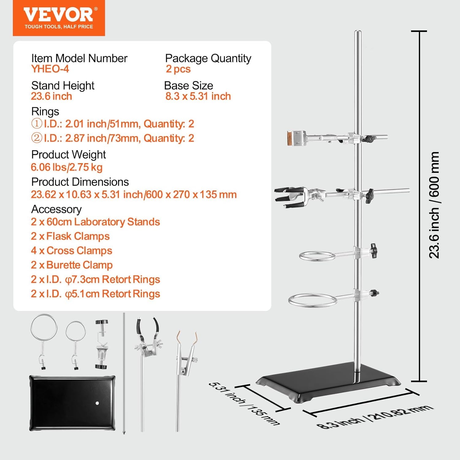 image:imageVEVOR Laboratory Support Stand Sets Set of 2 Steel Lab Stand with 236 in Rod and 83 x 53 in Cast Iron Base Includes Flask Clamps Burette Clamps and Cross ClampsYHEO4