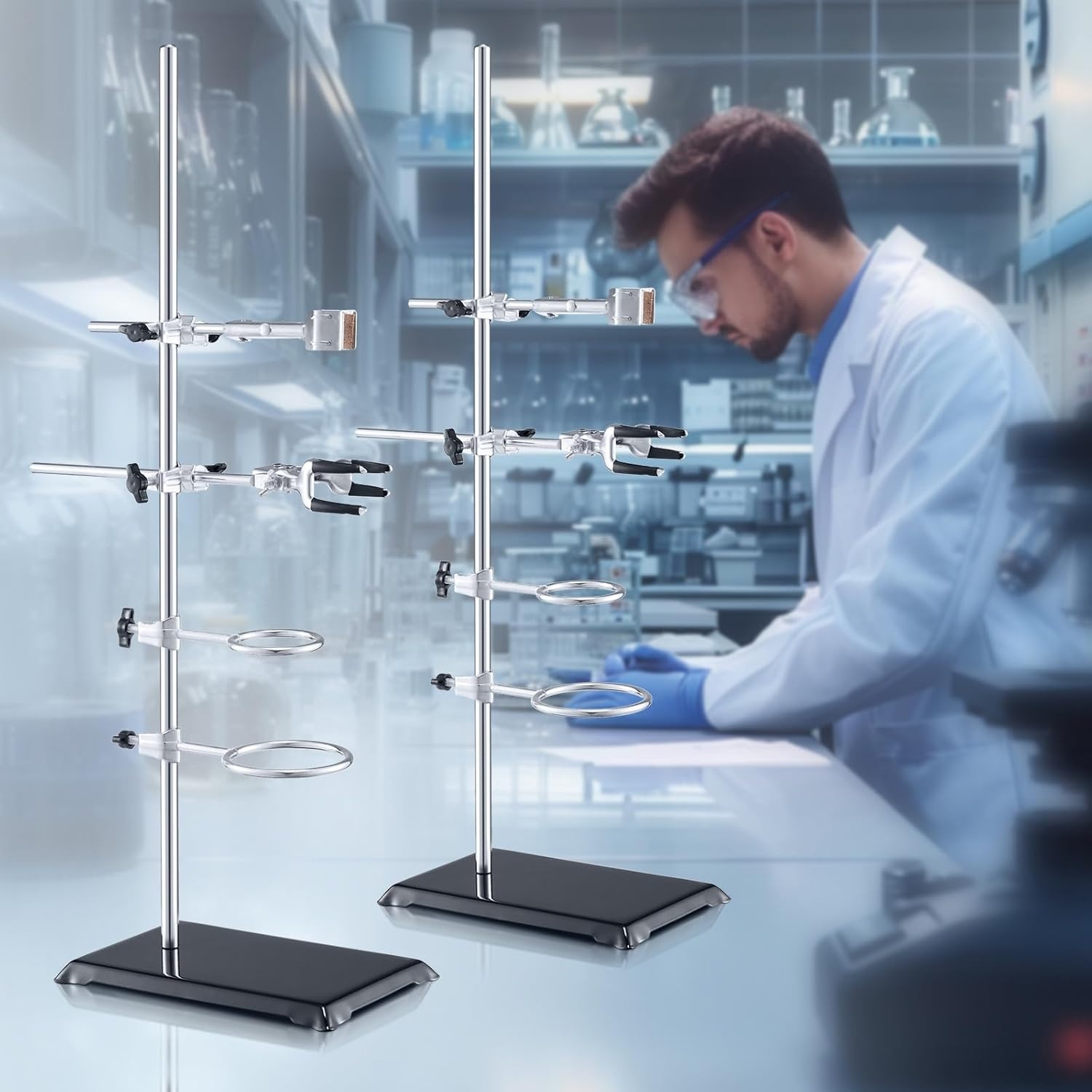 image:imageVEVOR Laboratory Support Stand Sets Set of 2 Steel Lab Stand with 236 in Rod and 83 x 53 in Cast Iron Base Includes Flask Clamps Burette Clamps and Cross ClampsYHEO4