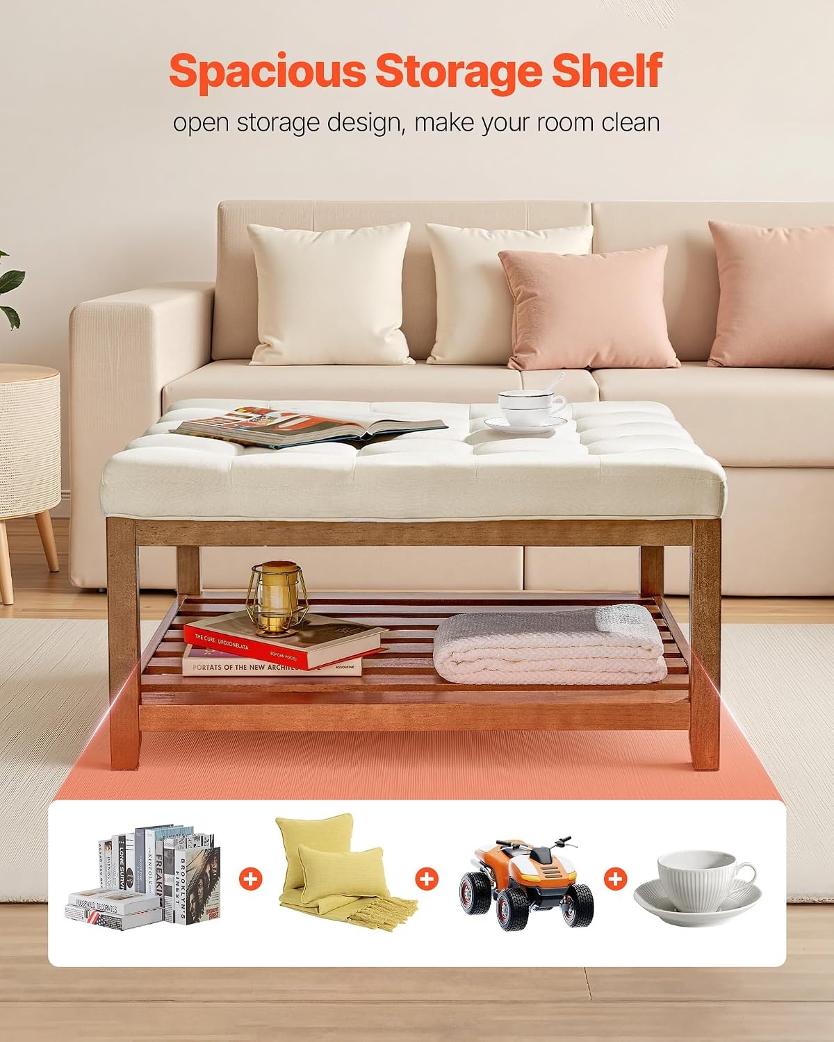 image:imageVEVOR Large Round Ottoman Coffee Table 319 Inch Tufted Coffee Table with Solid Wood Shelf Storage Linen Solid Upholstered Footrest Ottoman for Bedroom Living Room 350 LBS Linen ColorBeige