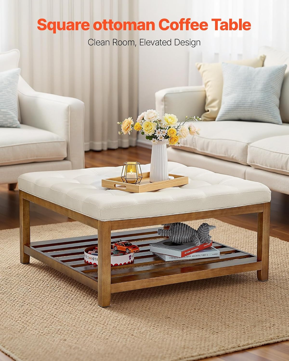 image:imageVEVOR Large Round Ottoman Coffee Table 319 Inch Tufted Coffee Table with Solid Wood Shelf Storage Linen Solid Upholstered Footrest Ottoman for Bedroom Living Room 350 LBS Linen ColorBeige