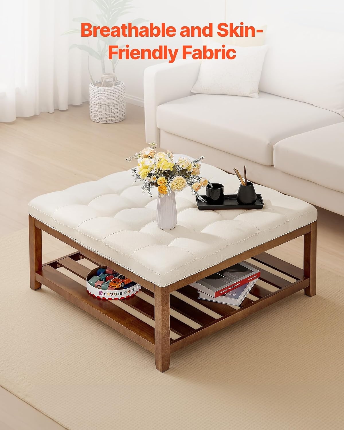 image:imageVEVOR Large Round Ottoman Coffee Table 319 Inch Tufted Coffee Table with Solid Wood Shelf Storage Linen Solid Upholstered Footrest Ottoman for Bedroom Living Room 350 LBS Linen ColorBeige
