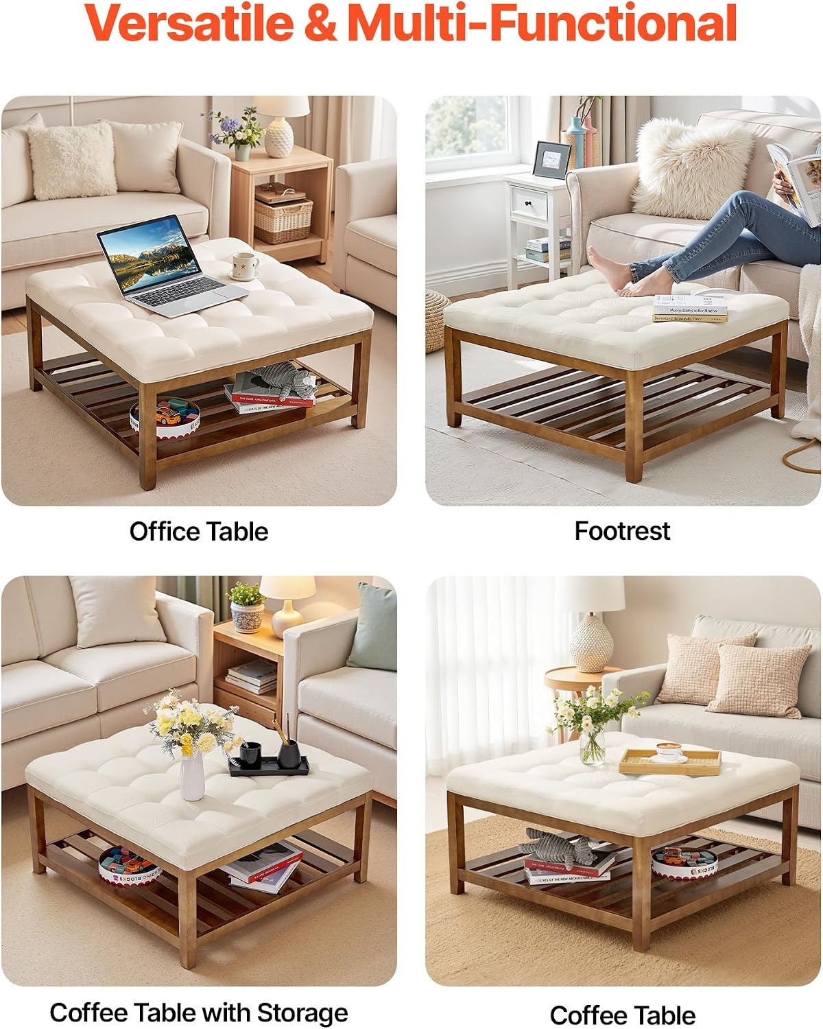 image:imageVEVOR Large Round Ottoman Coffee Table 319 Inch Tufted Coffee Table with Solid Wood Shelf Storage Linen Solid Upholstered Footrest Ottoman for Bedroom Living Room 350 LBS Linen ColorBeige