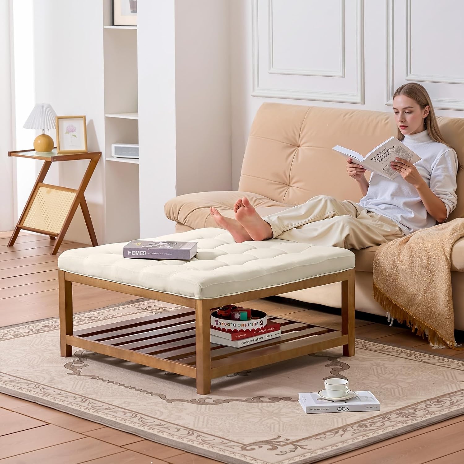 image:imageVEVOR Large Round Ottoman Coffee Table 319 Inch Tufted Coffee Table with Solid Wood Shelf Storage Linen Solid Upholstered Footrest Ottoman for Bedroom Living Room 350 LBS Linen ColorBeige