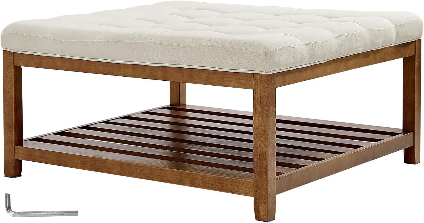 image:imageVEVOR Large Round Ottoman Coffee Table 319 Inch Tufted Coffee Table with Solid Wood Shelf Storage Linen Solid Upholstered Footrest Ottoman for Bedroom Living Room 350 LBS Linen ColorBeige