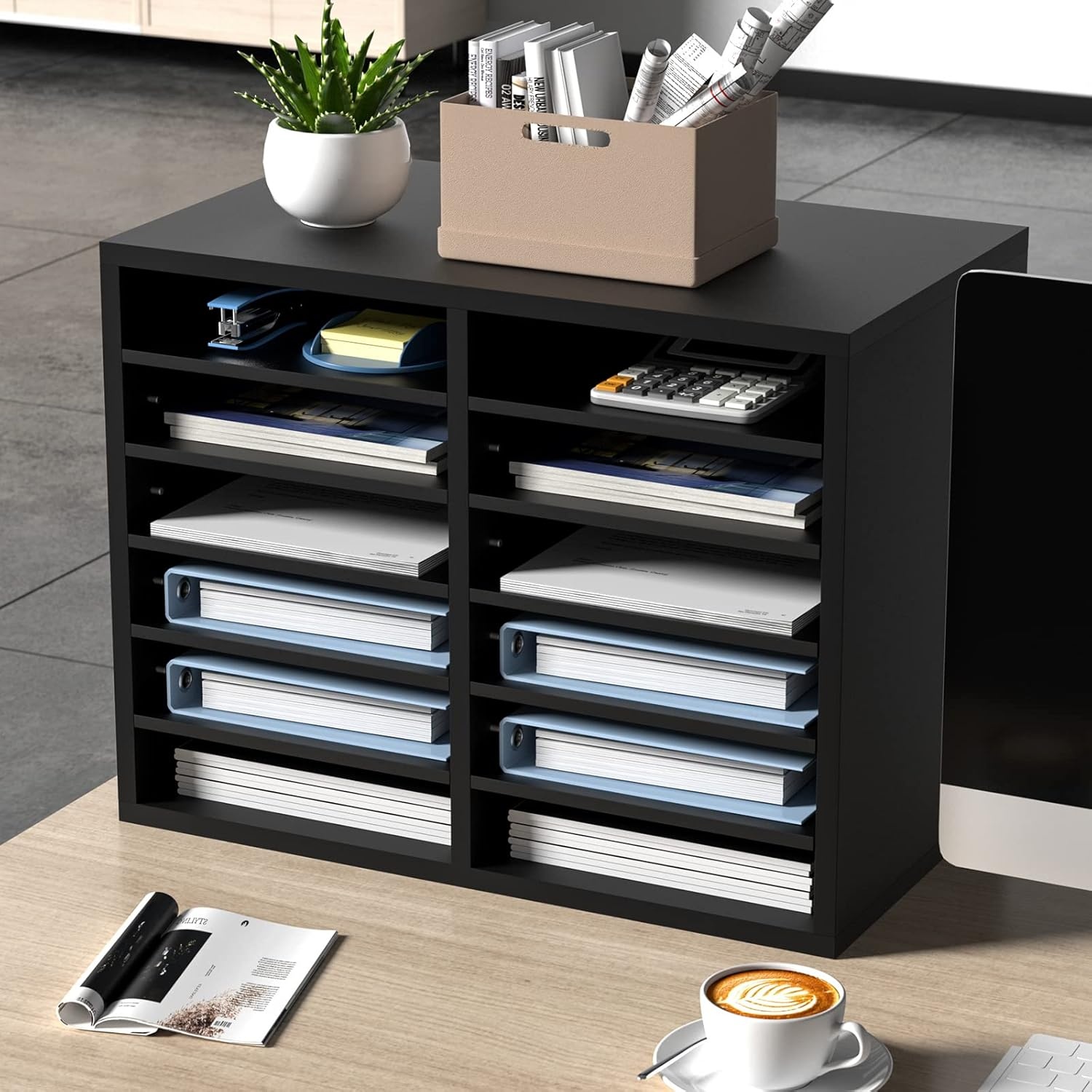 image:imageVEVOR Literature Organizers 5 Compartments Office Mailbox with Adjustable Shelves Wood Literature sorter 139x12x13 inches for Office Home Classroom Mailrooms Organization EPA Certified BrownBlack