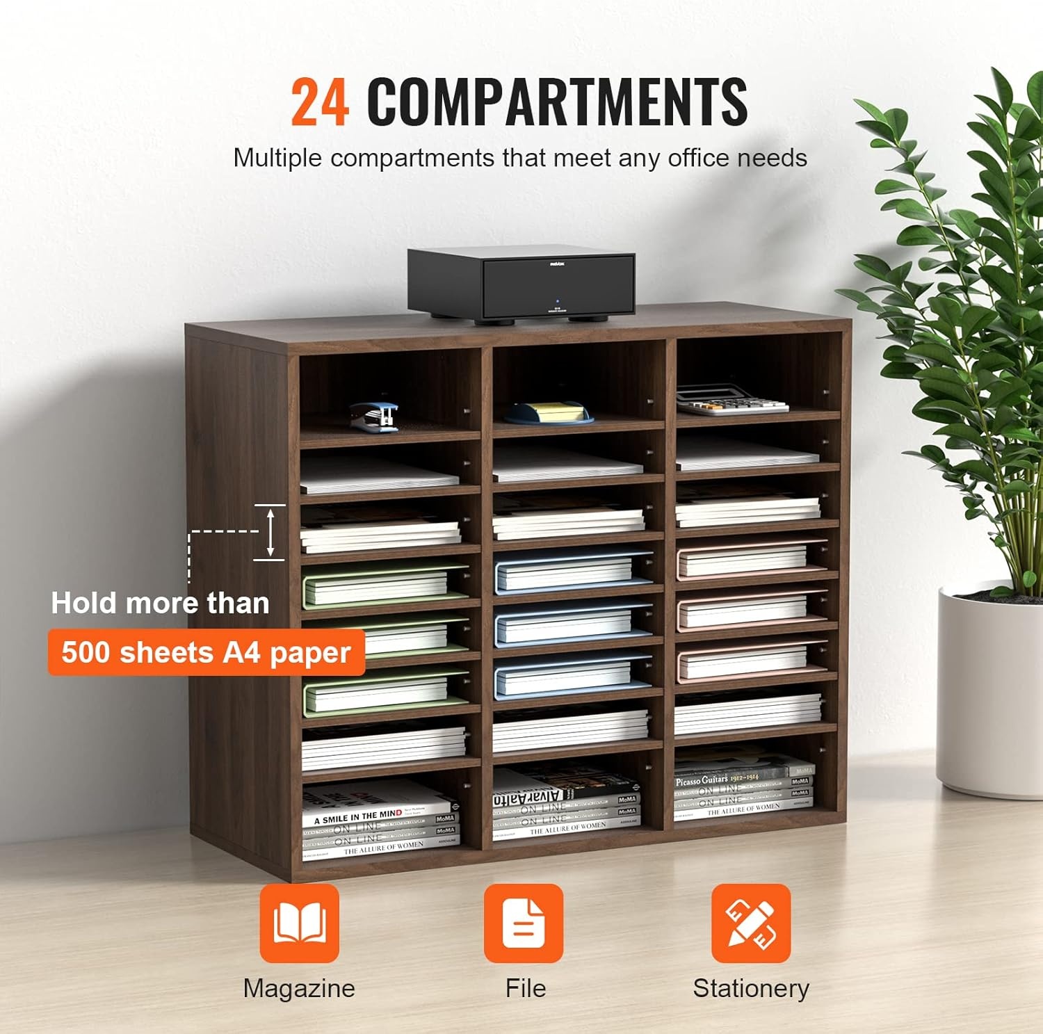 image:imageVEVOR Literature Organizers 5 Compartments Office Mailbox with Adjustable Shelves Wood Literature sorter 139x12x13 inches for Office Home Classroom Mailrooms Organization EPA Certified BrownBrown