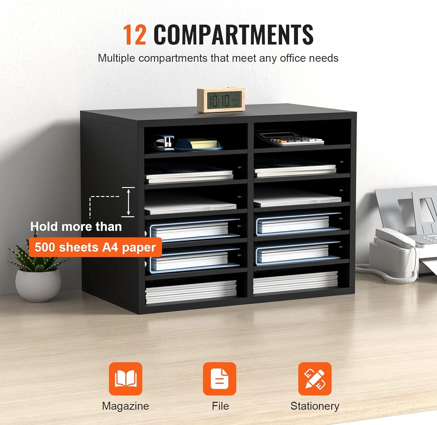 image:imageVEVOR Literature Organizers 5 Compartments Office Mailbox with Adjustable Shelves Wood Literature sorter 139x12x13 inches for Office Home Classroom Mailrooms Organization EPA Certified BrownBlack