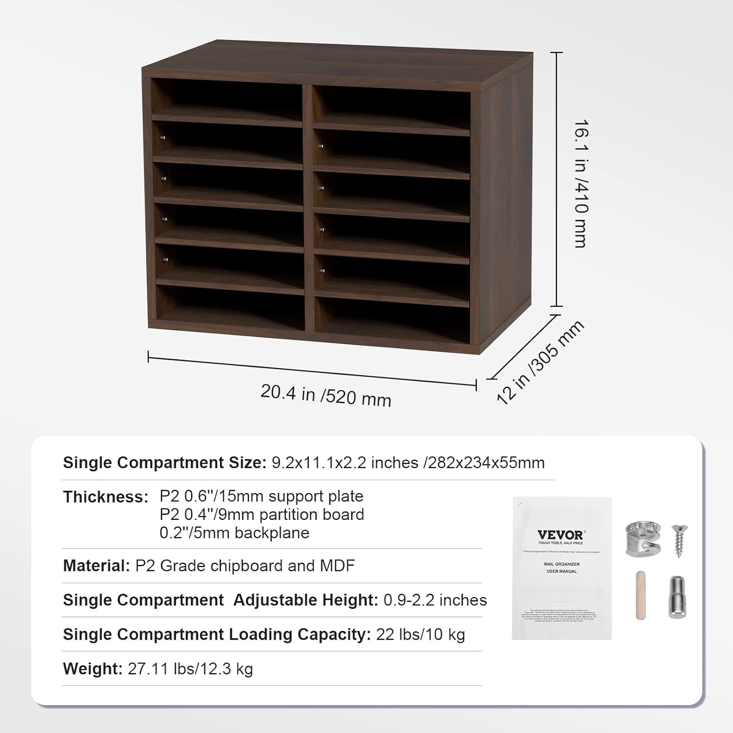 image:imageVEVOR Literature Organizers 5 Compartments Office Mailbox with Adjustable Shelves Wood Literature sorter 139x12x13 inches for Office Home Classroom Mailrooms Organization EPA Certified BrownBrown