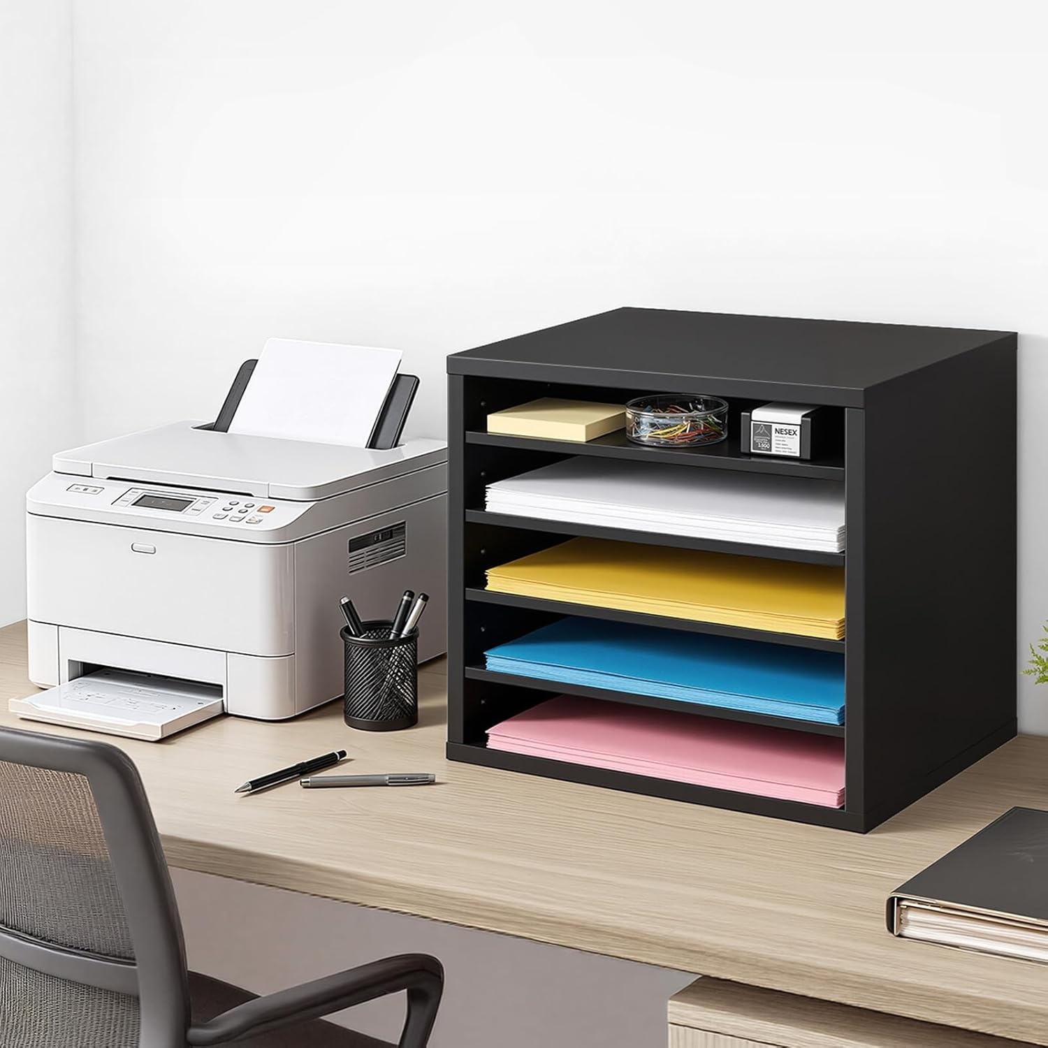 image:imageVEVOR Literature Organizers 5 Compartments Office Mailbox with Adjustable Shelves Wood Literature sorter 139x12x13 inches for Office Home Classroom Mailrooms Organization EPA Certified BrownBlack