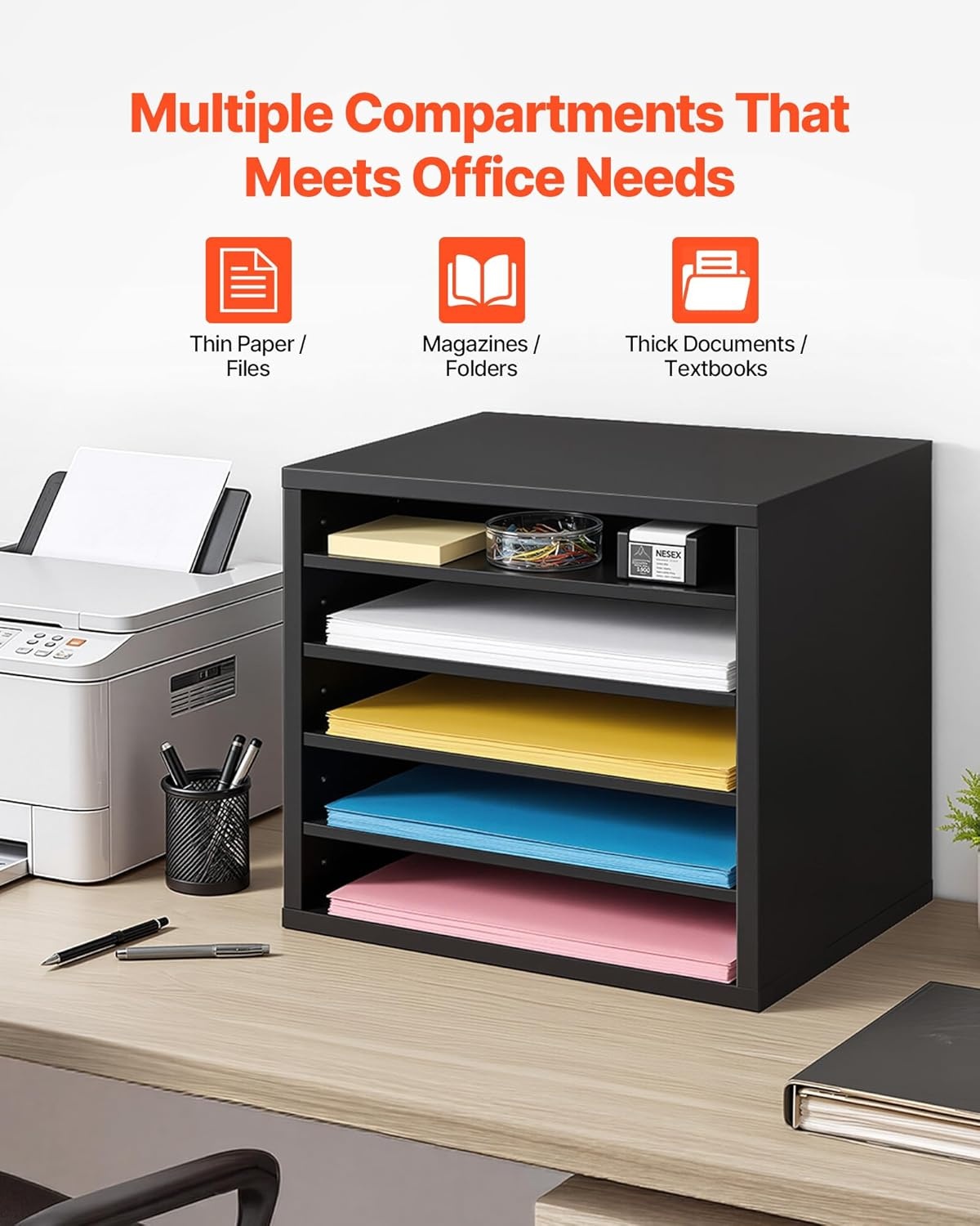 image:imageVEVOR Literature Organizers 5 Compartments Office Mailbox with Adjustable Shelves Wood Literature sorter 139x12x13 inches for Office Home Classroom Mailrooms Organization EPA Certified BrownBlack