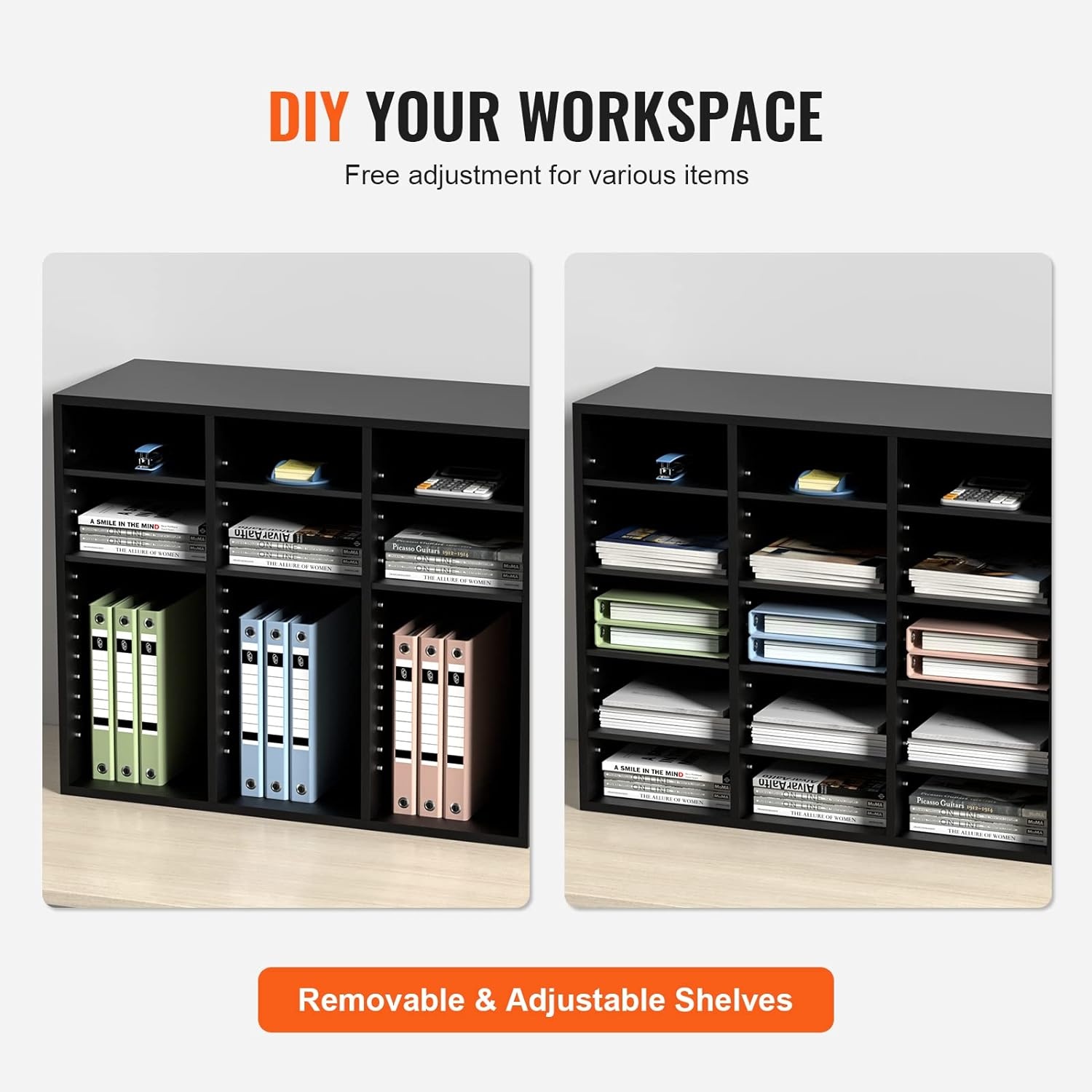 image:imageVEVOR Literature Organizers 5 Compartments Office Mailbox with Adjustable Shelves Wood Literature sorter 139x12x13 inches for Office Home Classroom Mailrooms Organization EPA Certified BrownBlack