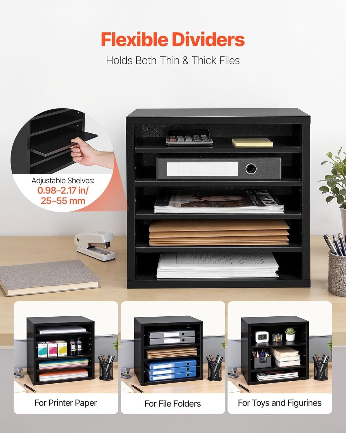 image:imageVEVOR Literature Organizers 5 Compartments Office Mailbox with Adjustable Shelves Wood Literature sorter 139x12x13 inches for Office Home Classroom Mailrooms Organization EPA Certified BrownBlack