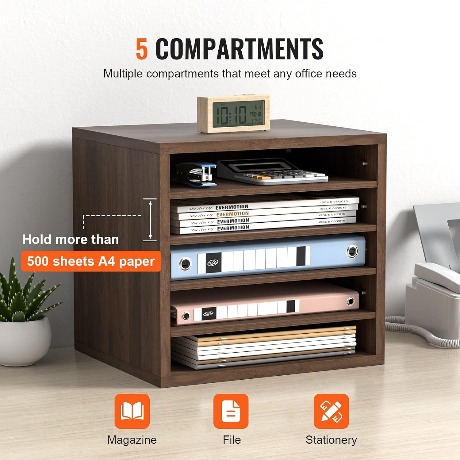 image:imageVEVOR Literature Organizers 5 Compartments Office Mailbox with Adjustable Shelves Wood Literature sorter 139x12x13 inches for Office Home Classroom Mailrooms Organization EPA Certified BrownBrown