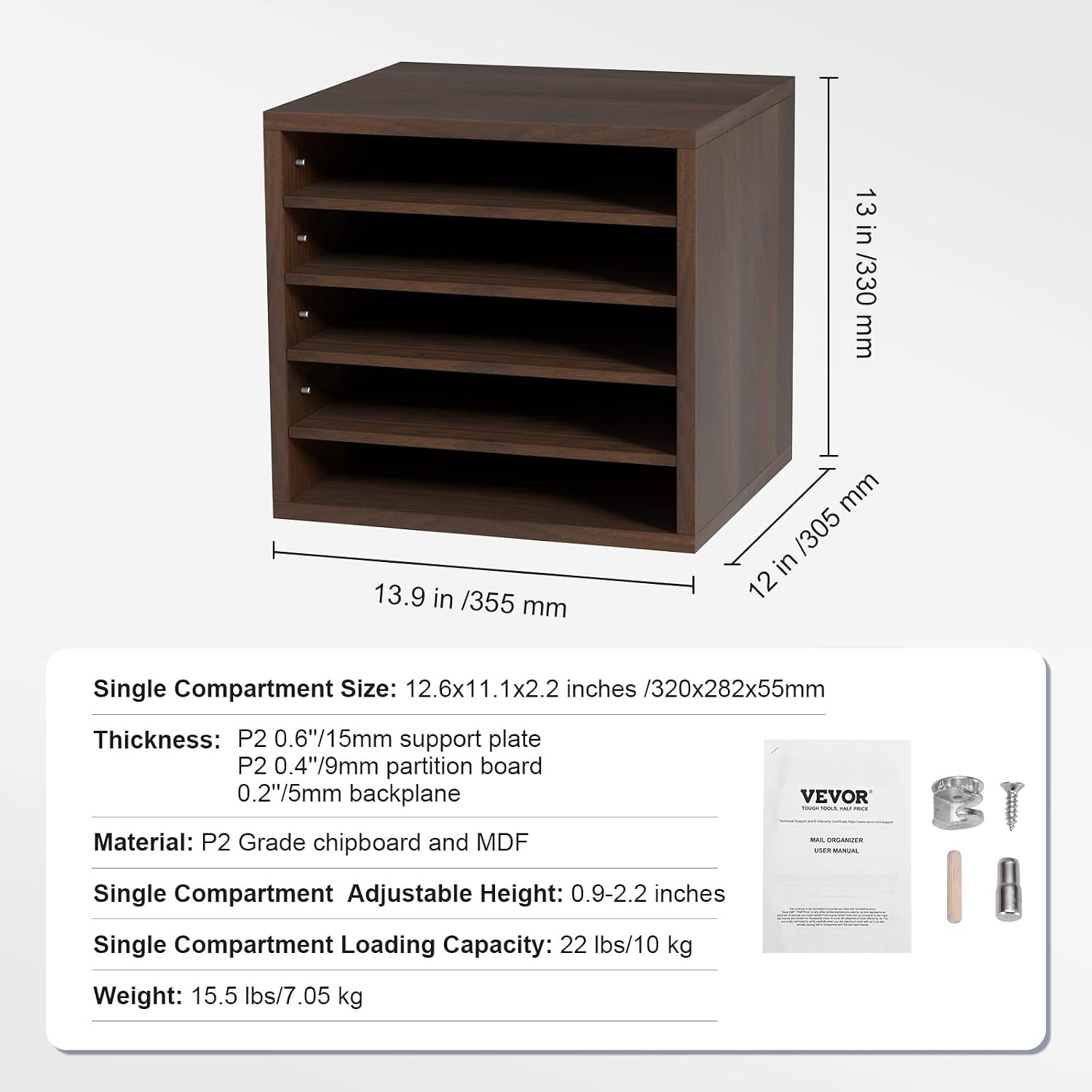 image:imageVEVOR Literature Organizers 5 Compartments Office Mailbox with Adjustable Shelves Wood Literature sorter 139x12x13 inches for Office Home Classroom Mailrooms Organization EPA Certified BrownBrown