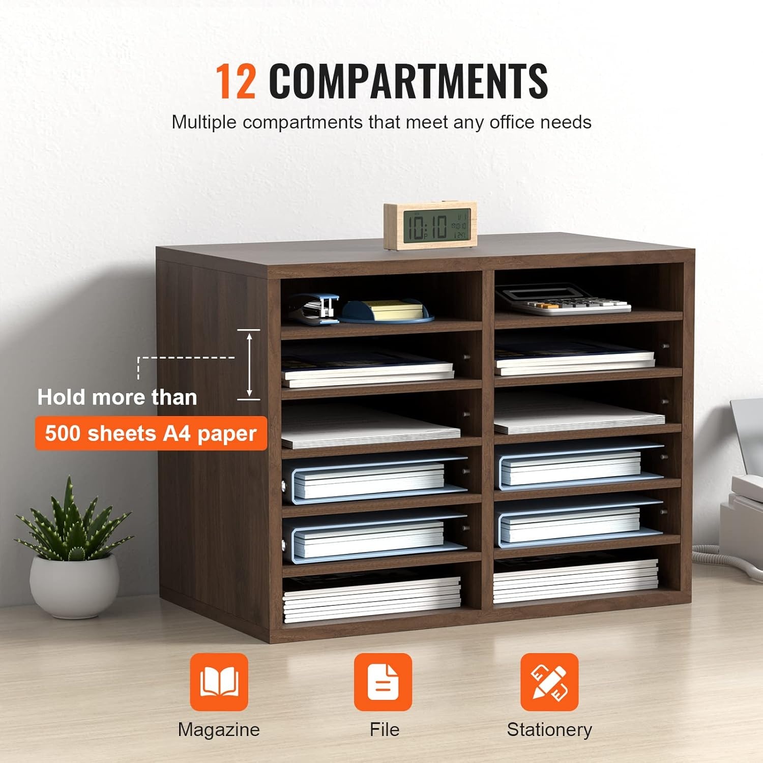 image:imageVEVOR Literature Organizers 5 Compartments Office Mailbox with Adjustable Shelves Wood Literature sorter 139x12x13 inches for Office Home Classroom Mailrooms Organization EPA Certified BrownBrown