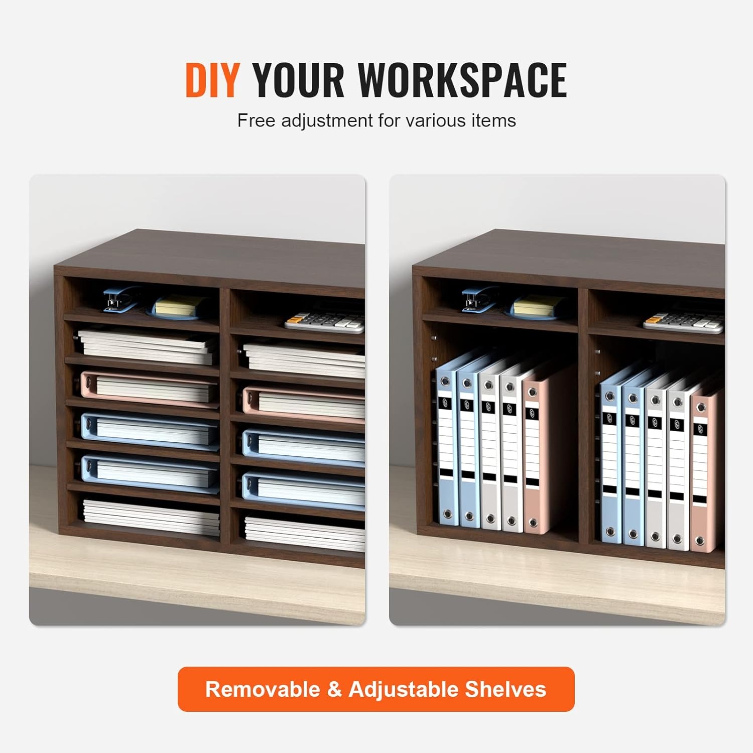 image:imageVEVOR Literature Organizers 5 Compartments Office Mailbox with Adjustable Shelves Wood Literature sorter 139x12x13 inches for Office Home Classroom Mailrooms Organization EPA Certified BrownBrown