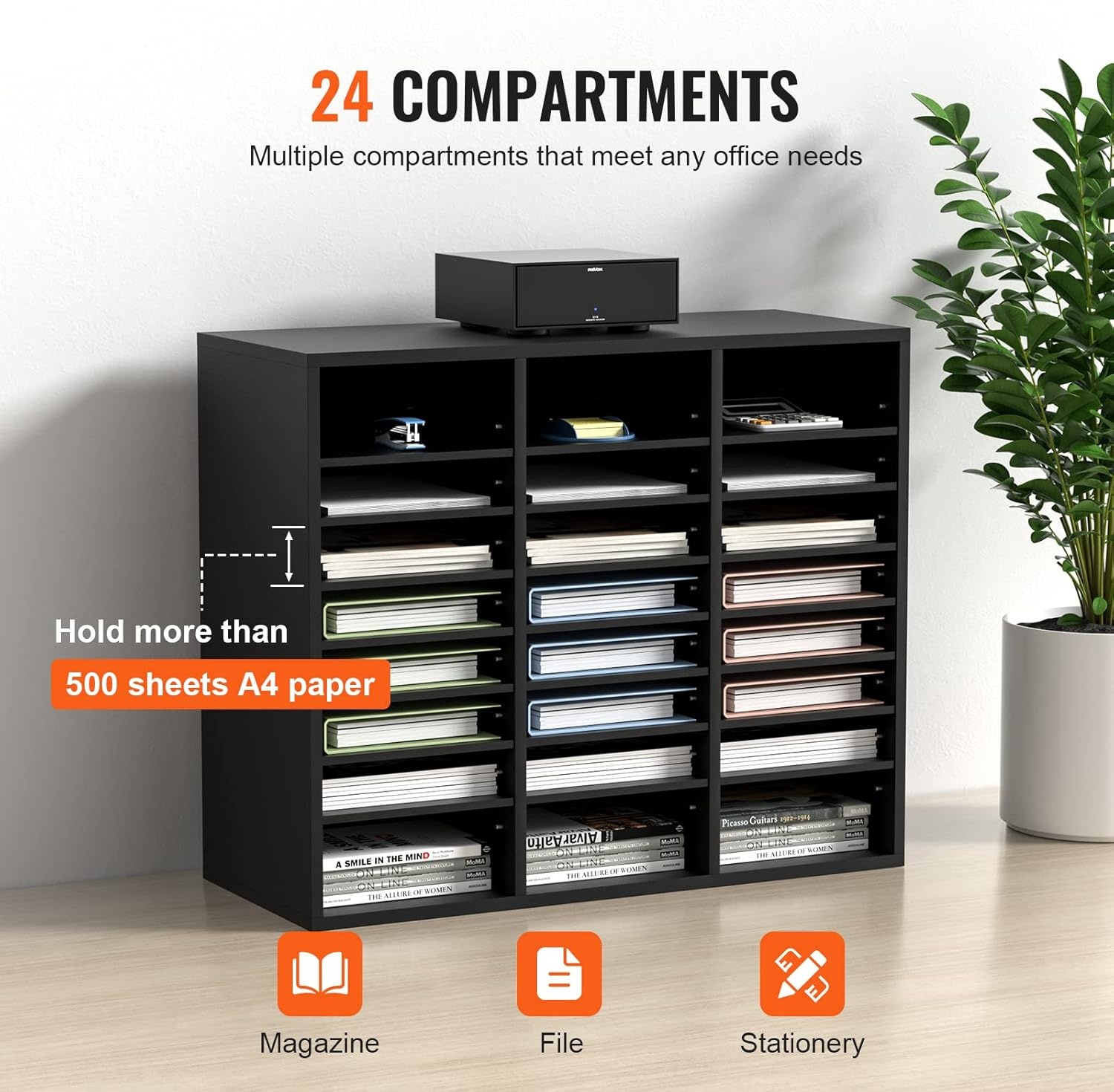 image:imageVEVOR Literature Organizers 5 Compartments Office Mailbox with Adjustable Shelves Wood Literature sorter 139x12x13 inches for Office Home Classroom Mailrooms Organization EPA Certified BrownBlack