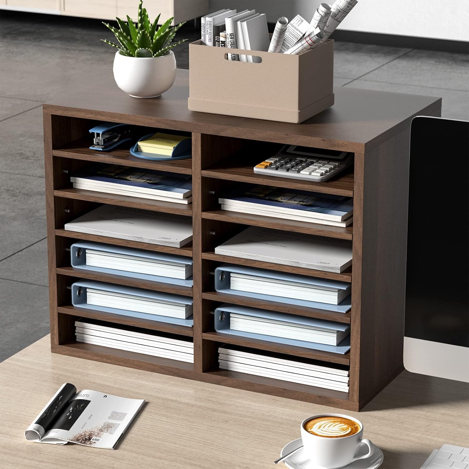 image:imageVEVOR Literature Organizers 5 Compartments Office Mailbox with Adjustable Shelves Wood Literature sorter 139x12x13 inches for Office Home Classroom Mailrooms Organization EPA Certified BrownBrown