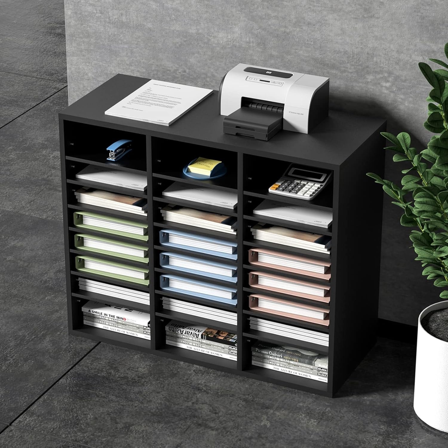 image:imageVEVOR Literature Organizers 5 Compartments Office Mailbox with Adjustable Shelves Wood Literature sorter 139x12x13 inches for Office Home Classroom Mailrooms Organization EPA Certified BrownBlack