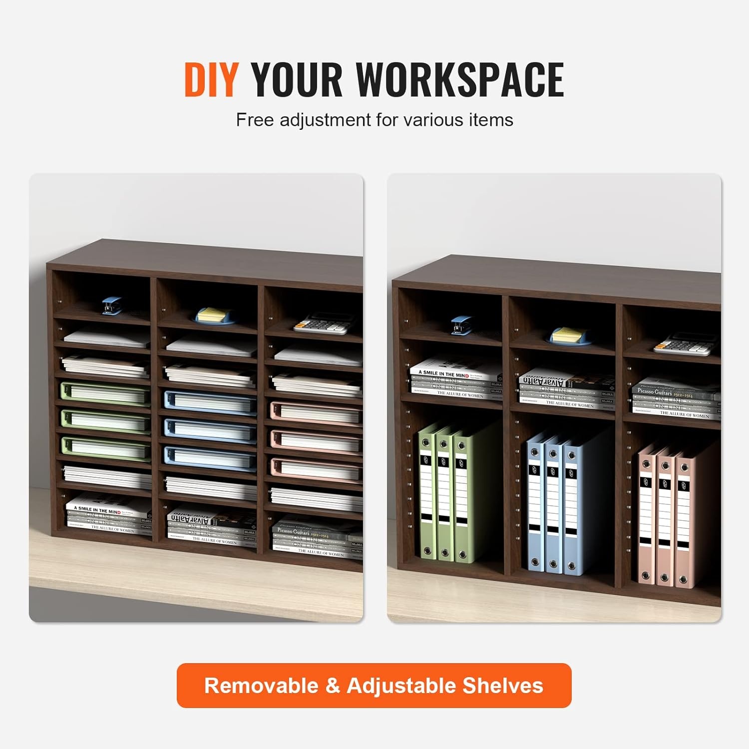 image:imageVEVOR Literature Organizers 5 Compartments Office Mailbox with Adjustable Shelves Wood Literature sorter 139x12x13 inches for Office Home Classroom Mailrooms Organization EPA Certified BrownBrown