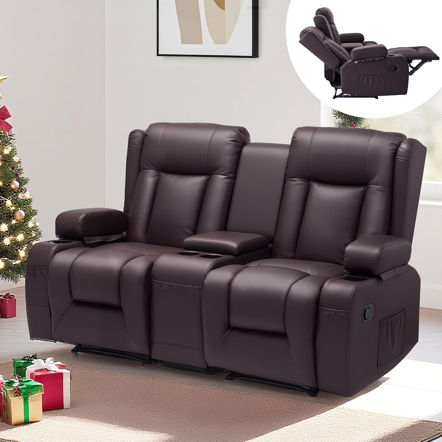 image:imageVEVOR Loveseat Recliner Sofa with Massage amp Heat Power Reclining Couch with Console PU Leather Electric RV Sofa with USB amp OutletStorageCup HoldersPockets Home Theater Seating for Living RoomDark Brown