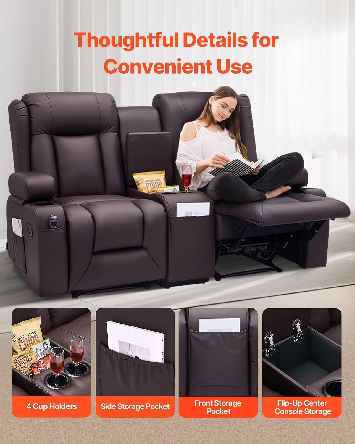 image:imageVEVOR Loveseat Recliner Sofa with Massage amp Heat Power Reclining Couch with Console PU Leather Electric RV Sofa with USB amp OutletStorageCup HoldersPockets Home Theater Seating for Living RoomDark Brown