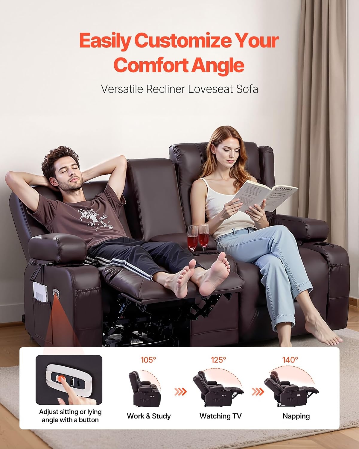 image:imageVEVOR Loveseat Recliner Sofa with Massage amp Heat Power Reclining Couch with Console PU Leather Electric RV Sofa with USB amp OutletStorageCup HoldersPockets Home Theater Seating for Living RoomDark Brown