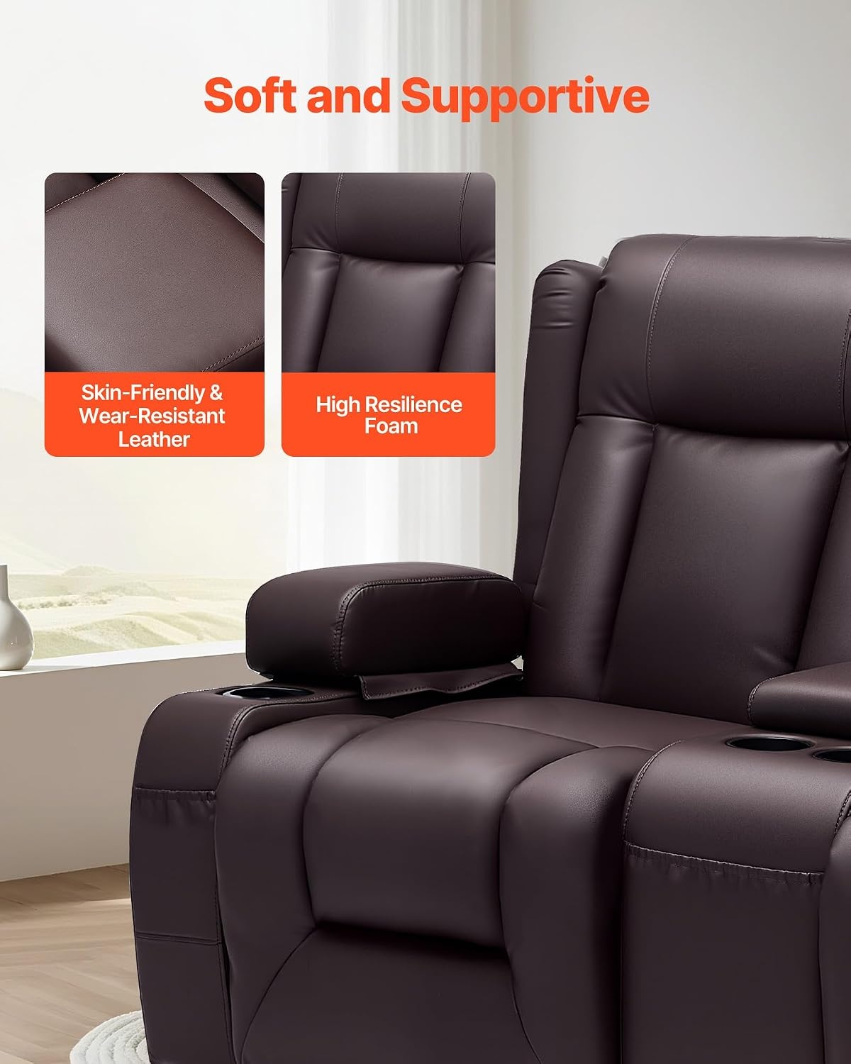 image:imageVEVOR Loveseat Recliner Sofa with Massage amp Heat Power Reclining Couch with Console PU Leather Electric RV Sofa with USB amp OutletStorageCup HoldersPockets Home Theater Seating for Living RoomDark Brown