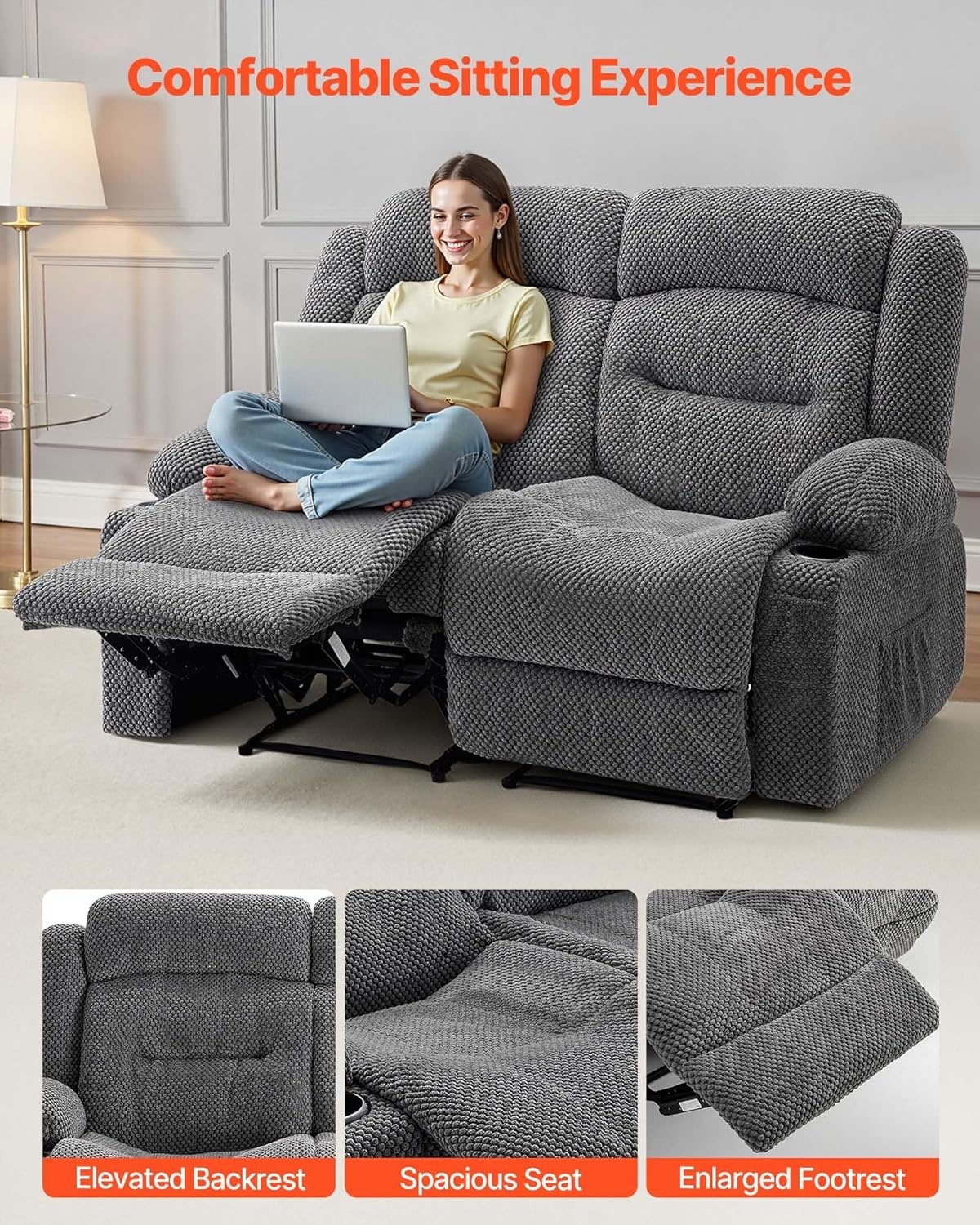image:imageVEVOR Loveseat Recliner Sofa with Massage amp Heat Power Reclining Couch with Console PU Leather Electric RV Sofa with USB amp OutletStorageCup HoldersPockets Home Theater Seating for Living RoomDark Grey