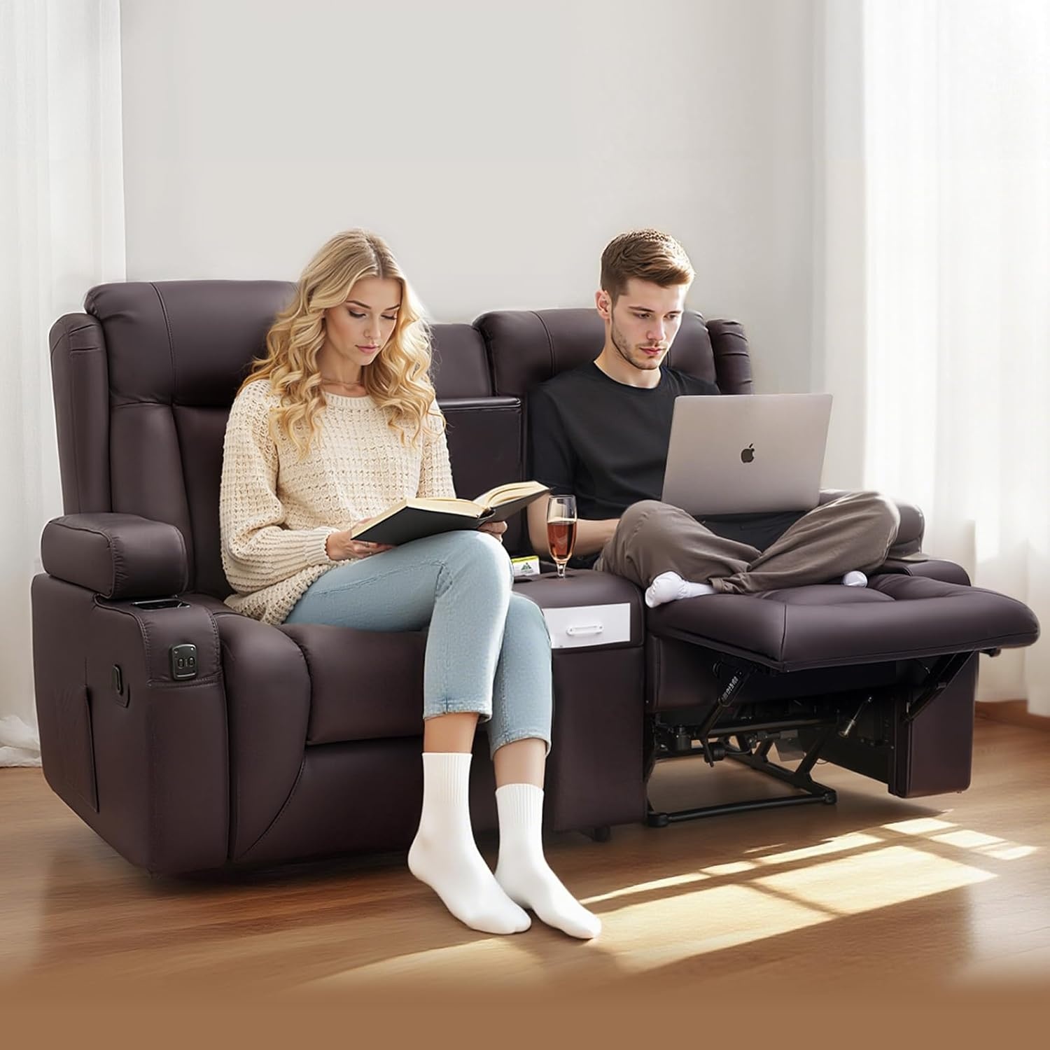 image:imageVEVOR Loveseat Recliner Sofa with Massage amp Heat Power Reclining Couch with Console PU Leather Electric RV Sofa with USB amp OutletStorageCup HoldersPockets Home Theater Seating for Living RoomDark Brown