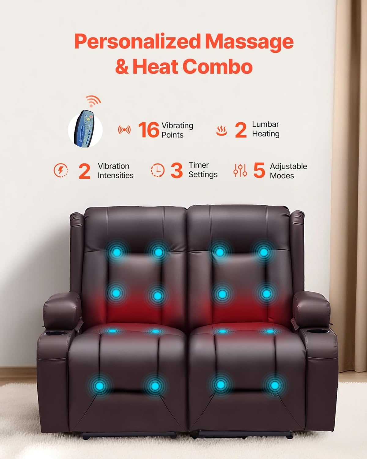 image:imageVEVOR Loveseat Recliner Sofa with Massage amp Heat Power Reclining Couch with Console PU Leather Electric RV Sofa with USB amp OutletStorageCup HoldersPockets Home Theater Seating for Living RoomDark Brown