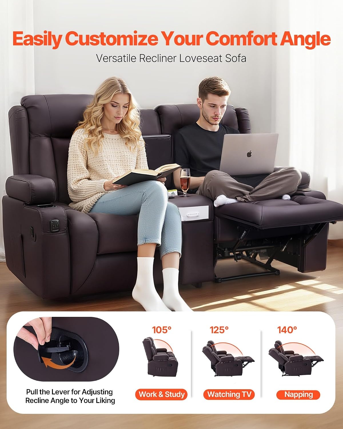 image:imageVEVOR Loveseat Recliner Sofa with Massage amp Heat Power Reclining Couch with Console PU Leather Electric RV Sofa with USB amp OutletStorageCup HoldersPockets Home Theater Seating for Living RoomDark Brown