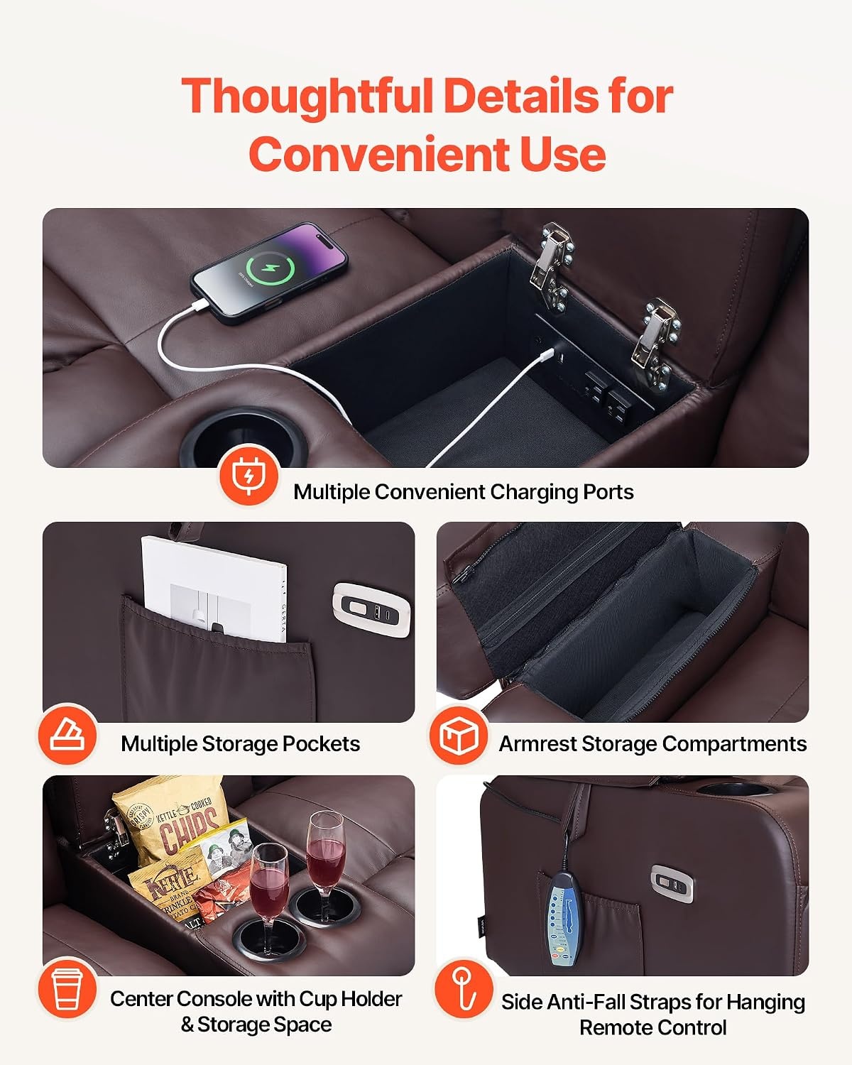 image:imageVEVOR Loveseat Recliner Sofa with Massage amp Heat Power Reclining Couch with Console PU Leather Electric RV Sofa with USB amp OutletStorageCup HoldersPockets Home Theater Seating for Living RoomDark Brown