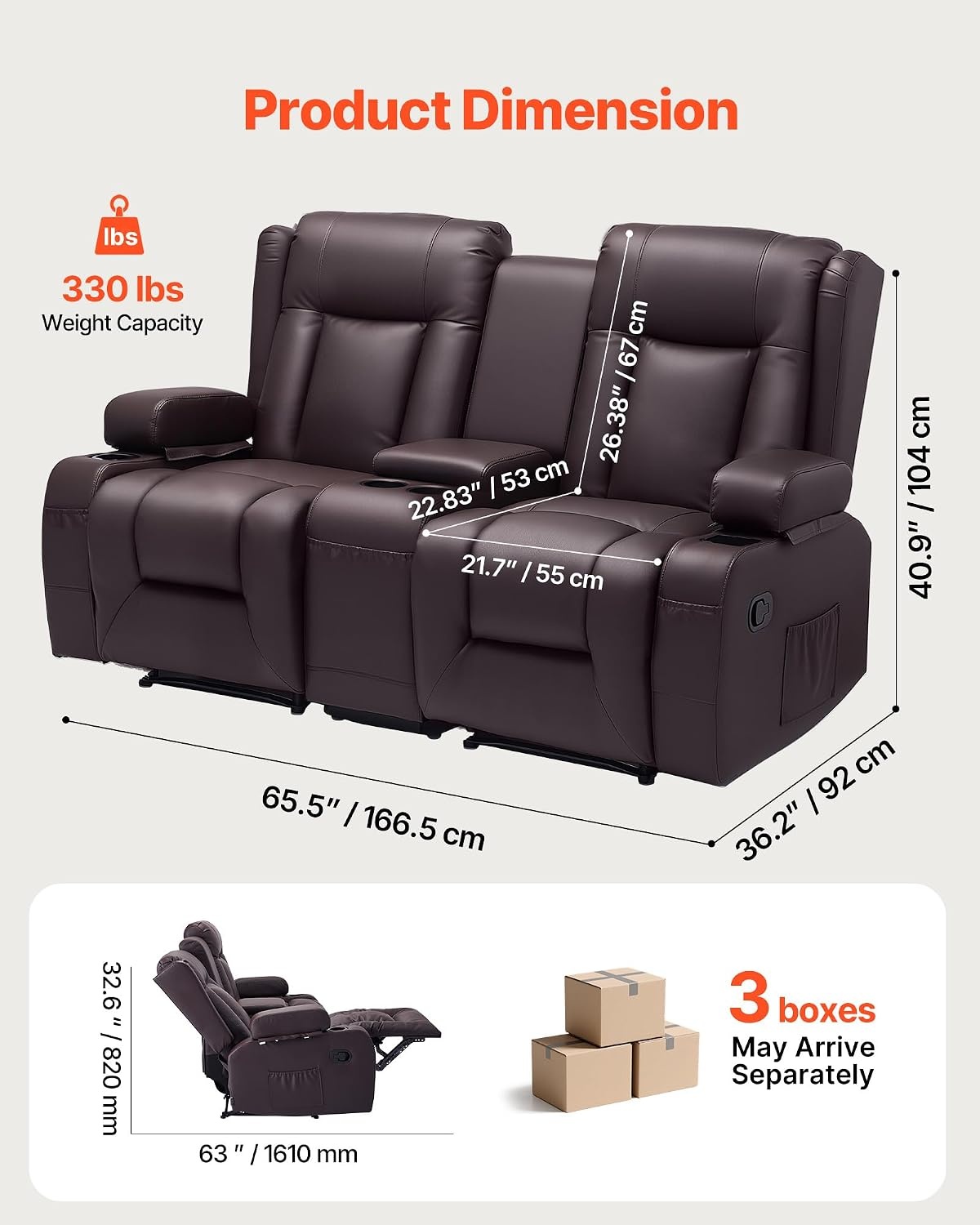 image:imageVEVOR Loveseat Recliner Sofa with Massage amp Heat Power Reclining Couch with Console PU Leather Electric RV Sofa with USB amp OutletStorageCup HoldersPockets Home Theater Seating for Living RoomDark Brown