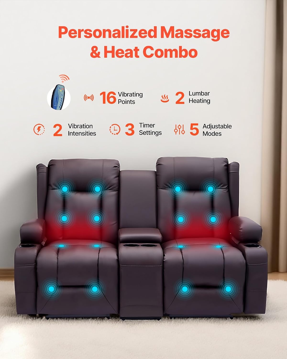image:imageVEVOR Loveseat Recliner Sofa with Massage amp Heat Power Reclining Couch with Console PU Leather Electric RV Sofa with USB amp OutletStorageCup HoldersPockets Home Theater Seating for Living RoomDark Brown