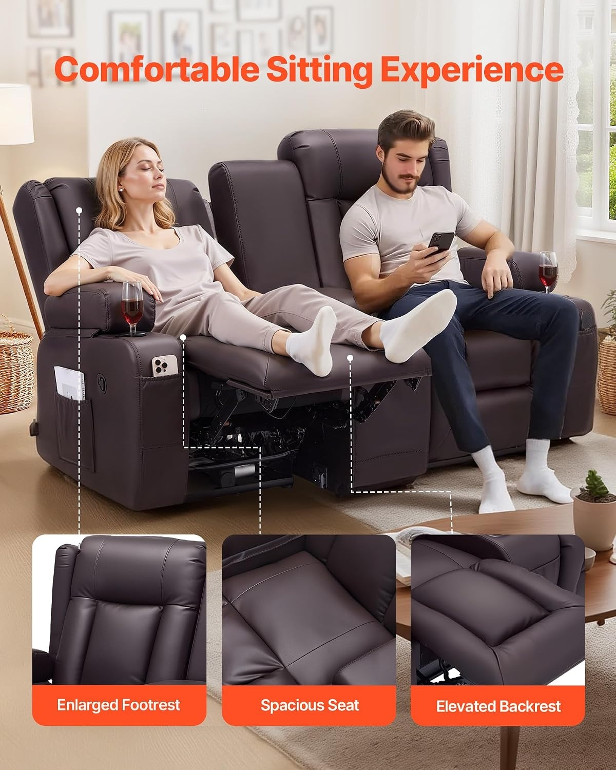 image:imageVEVOR Loveseat Recliner Sofa with Massage amp Heat Power Reclining Couch with Console PU Leather Electric RV Sofa with USB amp OutletStorageCup HoldersPockets Home Theater Seating for Living RoomDark Brown
