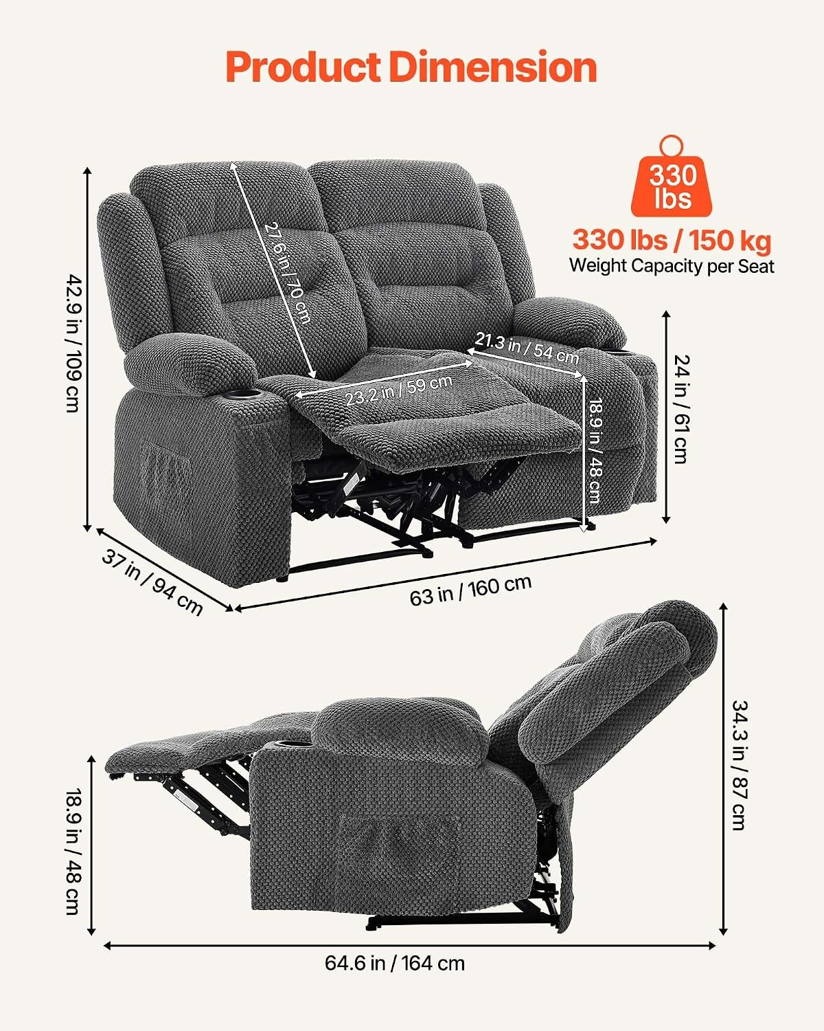 image:imageVEVOR Loveseat Recliner Sofa with Massage amp Heat Power Reclining Couch with Console PU Leather Electric RV Sofa with USB amp OutletStorageCup HoldersPockets Home Theater Seating for Living RoomDark Grey