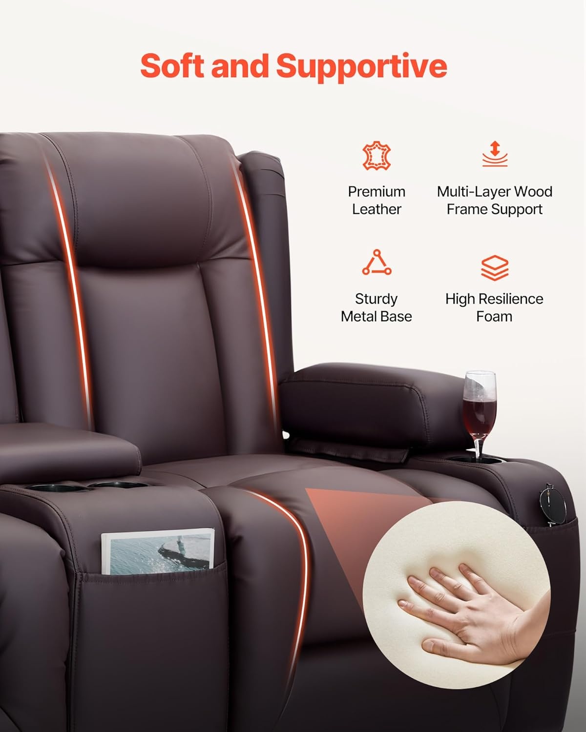 image:imageVEVOR Loveseat Recliner Sofa with Massage amp Heat Power Reclining Couch with Console PU Leather Electric RV Sofa with USB amp OutletStorageCup HoldersPockets Home Theater Seating for Living RoomDark Brown