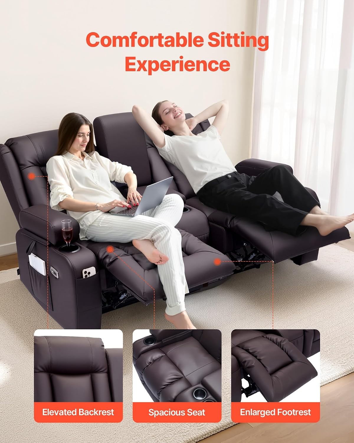 image:imageVEVOR Loveseat Recliner Sofa with Massage amp Heat Power Reclining Couch with Console PU Leather Electric RV Sofa with USB amp OutletStorageCup HoldersPockets Home Theater Seating for Living RoomDark Brown