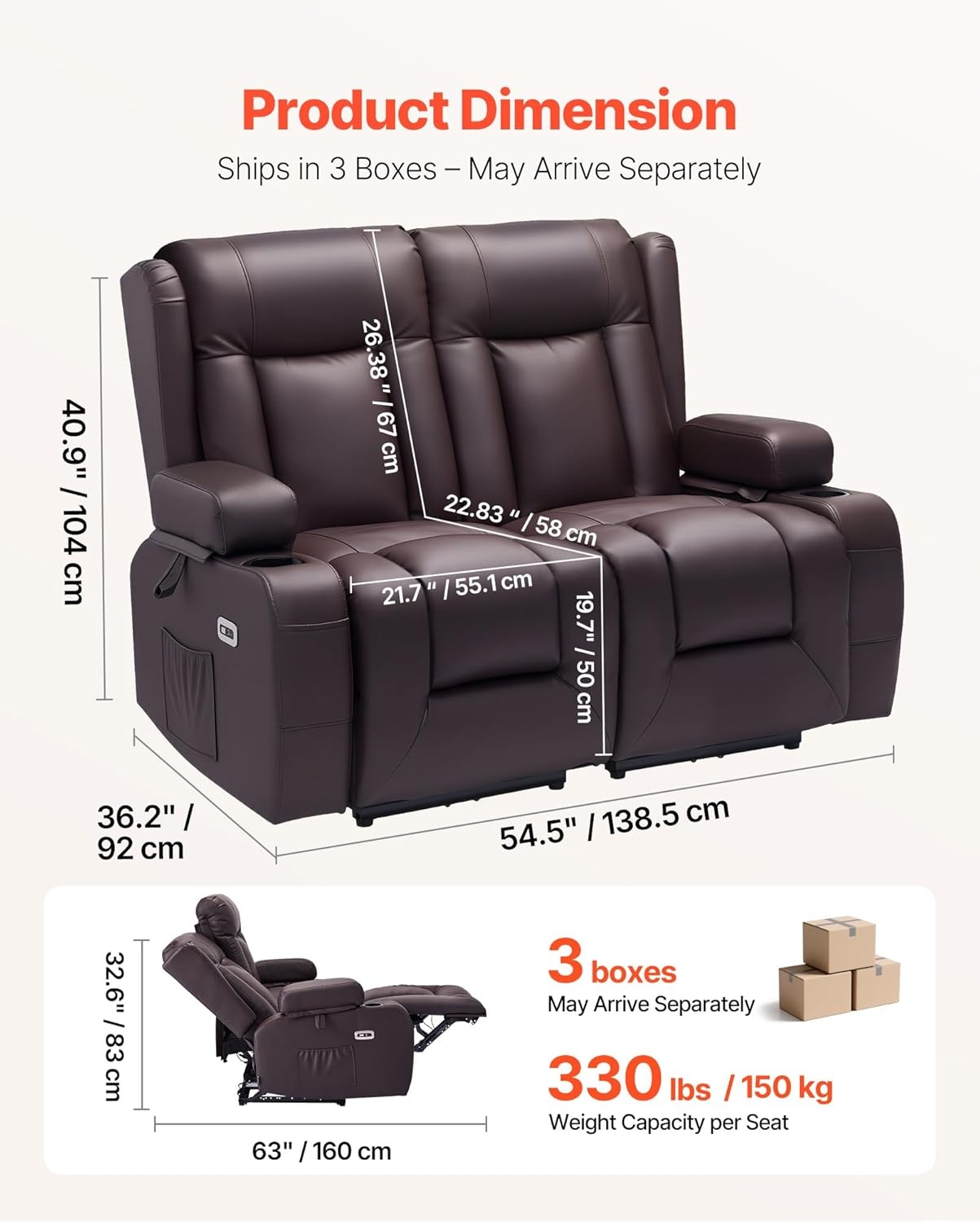 image:imageVEVOR Loveseat Recliner Sofa with Massage amp Heat Power Reclining Couch with Console PU Leather Electric RV Sofa with USB amp OutletStorageCup HoldersPockets Home Theater Seating for Living RoomDark Brown