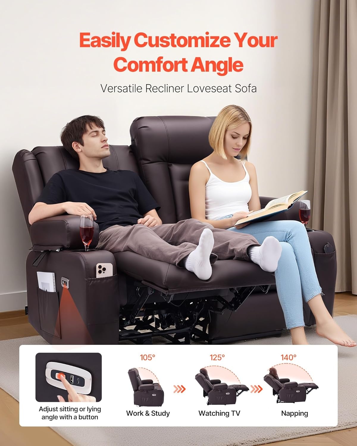 image:imageVEVOR Loveseat Recliner Sofa with Massage amp Heat Power Reclining Couch with Console PU Leather Electric RV Sofa with USB amp OutletStorageCup HoldersPockets Home Theater Seating for Living RoomDark Brown
