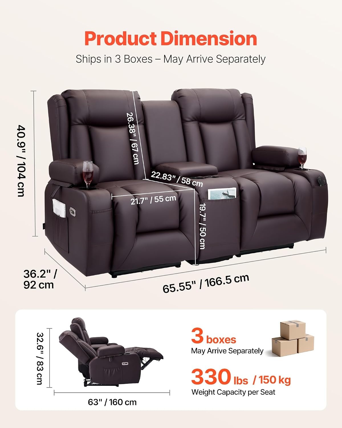 image:imageVEVOR Loveseat Recliner Sofa with Massage amp Heat Power Reclining Couch with Console PU Leather Electric RV Sofa with USB amp OutletStorageCup HoldersPockets Home Theater Seating for Living RoomDark Brown