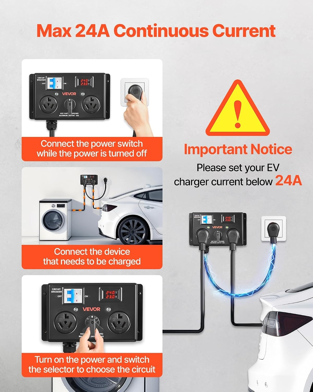 image:imageVEVOR Manual EV Charging Switch NEMA 1030 Splitter Switch for Dryer amp EV 24A Max 240V Manual Power Distribution with Circuit Breaker RealTime Display HandOperated Selector Plug and Play ETL