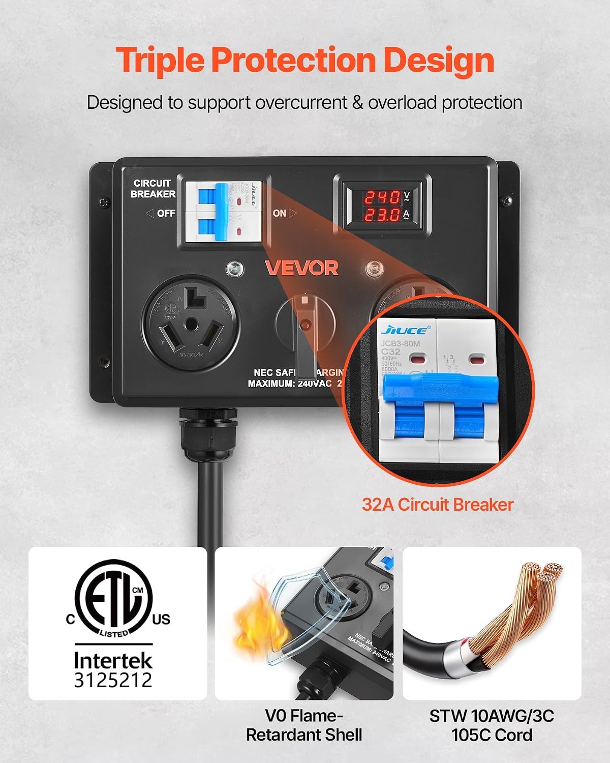 image:imageVEVOR Manual EV Charging Switch NEMA 1030 Splitter Switch for Dryer amp EV 24A Max 240V Manual Power Distribution with Circuit Breaker RealTime Display HandOperated Selector Plug and Play ETL