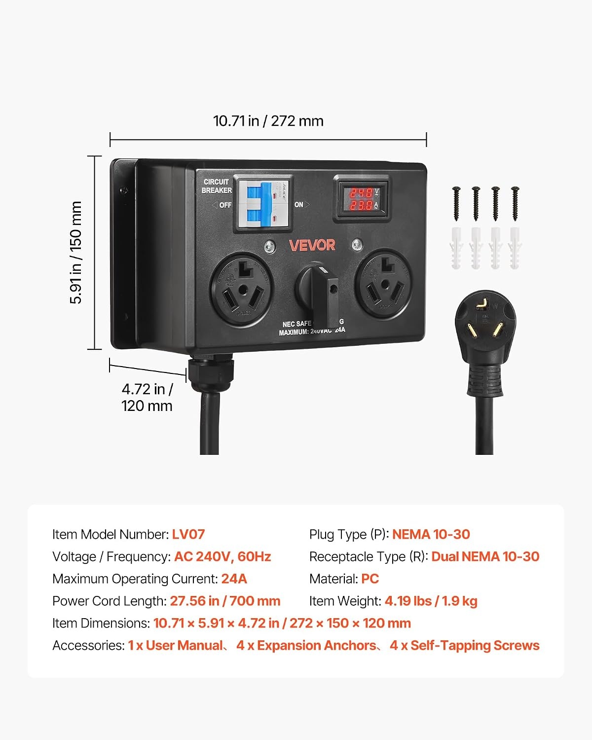 image:imageVEVOR Manual EV Charging Switch NEMA 1030 Splitter Switch for Dryer amp EV 24A Max 240V Manual Power Distribution with Circuit Breaker RealTime Display HandOperated Selector Plug and Play ETL