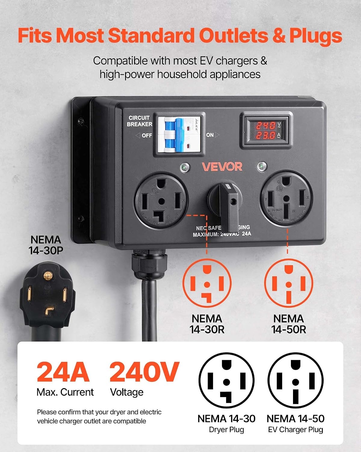 image:imageVEVOR Manual EV Charging Switch NEMA 1430P to 1430R amp 1450R Splitter Switch for Dryer amp EV 24A Max 240V Manual Power Distribution with Circuit Breaker HandOperated Selector Plug and Play ETL