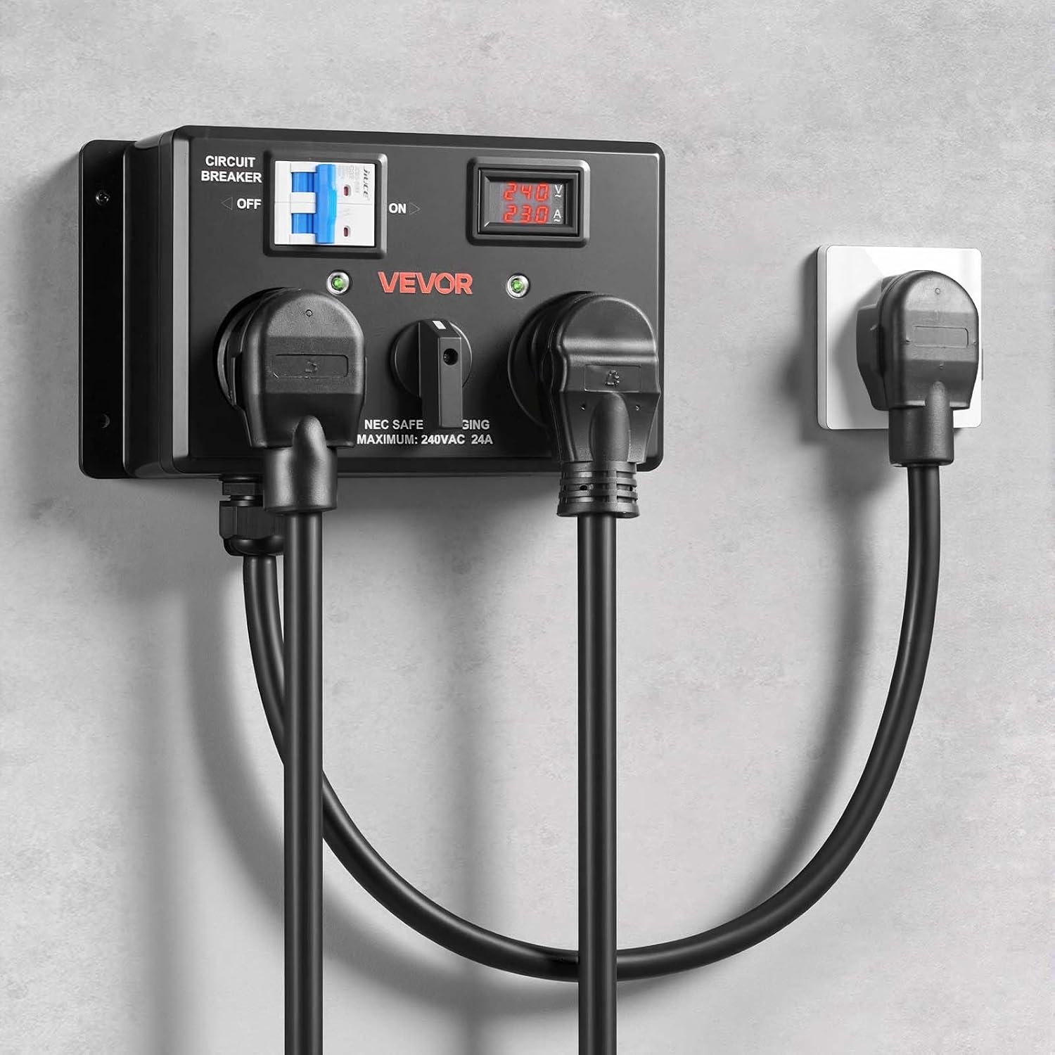 image:imageVEVOR Manual EV Charging Switch NEMA 1430P to 1430R amp 1450R Splitter Switch for Dryer amp EV 24A Max 240V Manual Power Distribution with Circuit Breaker HandOperated Selector Plug and Play ETL
