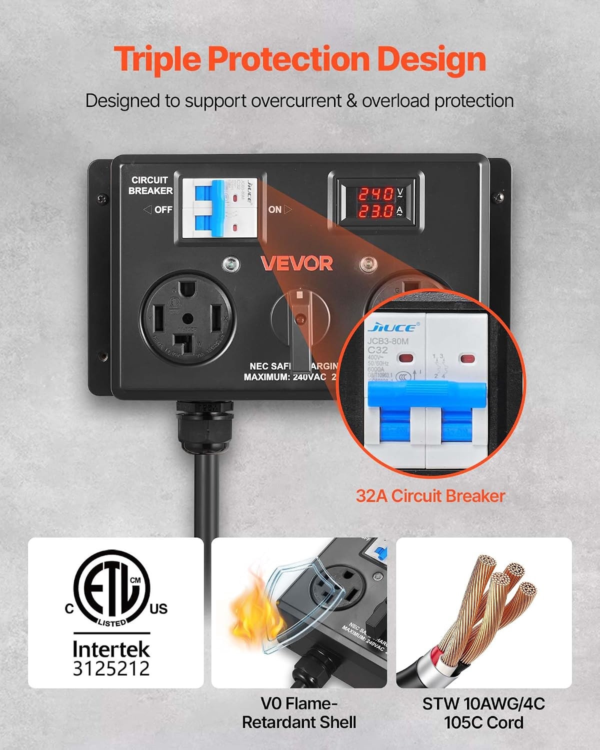 image:imageVEVOR Manual EV Charging Switch NEMA 1430P to 1430R amp 1450R Splitter Switch for Dryer amp EV 24A Max 240V Manual Power Distribution with Circuit Breaker HandOperated Selector Plug and Play ETL