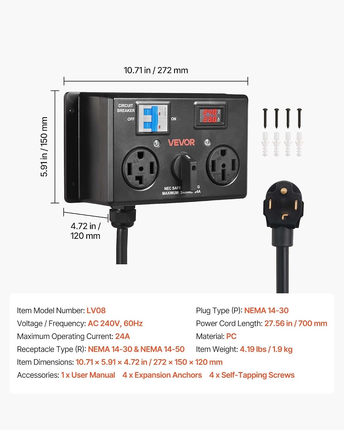 image:imageVEVOR Manual EV Charging Switch NEMA 1430P to 1430R amp 1450R Splitter Switch for Dryer amp EV 24A Max 240V Manual Power Distribution with Circuit Breaker HandOperated Selector Plug and Play ETL